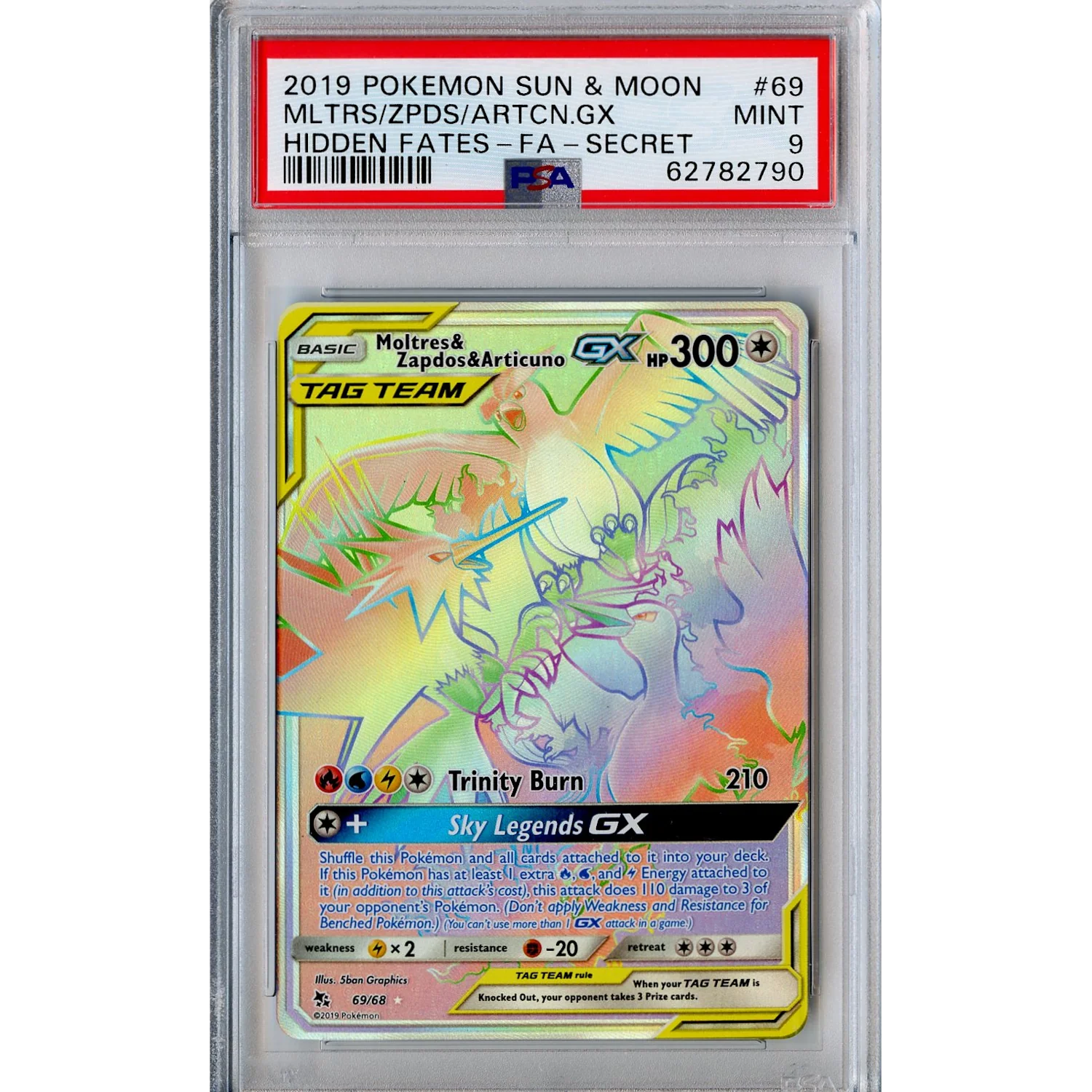 Moltres & Zapdos & Articuno GX (69/68) - Rainbow Rare - Hidden Fates [PSA 9]